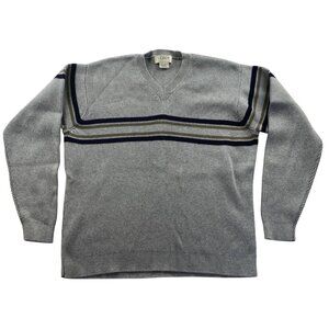 J.Crew Mens Sweater Medium Gray Striped Pullover Cotton V-Neck Classic Knit
